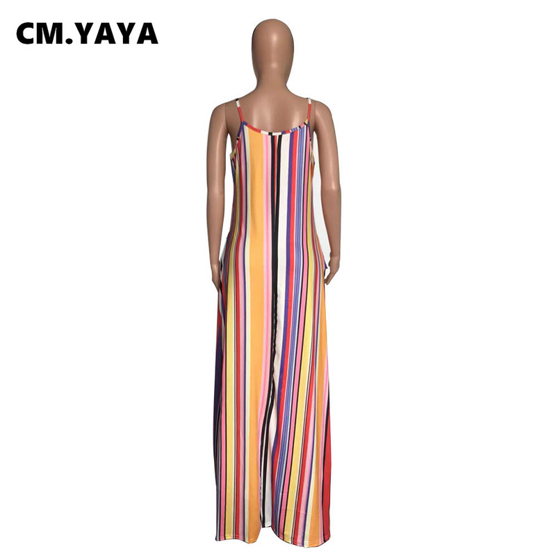 CM.YAYA sieviešu lielizmēra kleita ar svītrainām siksnām ar O veida kakla izgriezumu Bodycon elastīgas maksi garas kleitas ar kabatām Vintage Vestidos 2021. gada vasara