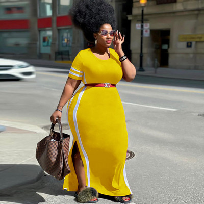 CM.YAYA eleganta lielizmēra izliekta sieviešu kleita ar svītrām sāniem, dalītu sānu īsām piedurknēm, maksi garu t-veida stila kleitu