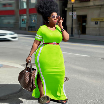 CM.YAYA eleganta lielizmēra izliekta sieviešu kleita ar svītrām sāniem, dalītu sānu īsām piedurknēm, maksi garu t-veida stila kleitu