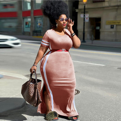 CM.YAYA eleganta lielizmēra izliekta sieviešu kleita ar svītrām sāniem, dalītu sānu īsām piedurknēm, maksi garu t-veida stila kleitu