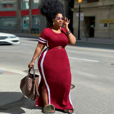 CM.YAYA eleganta lielizmēra izliekta sieviešu kleita ar svītrām sāniem, dalītu sānu īsām piedurknēm, maksi garu t-veida stila kleitu