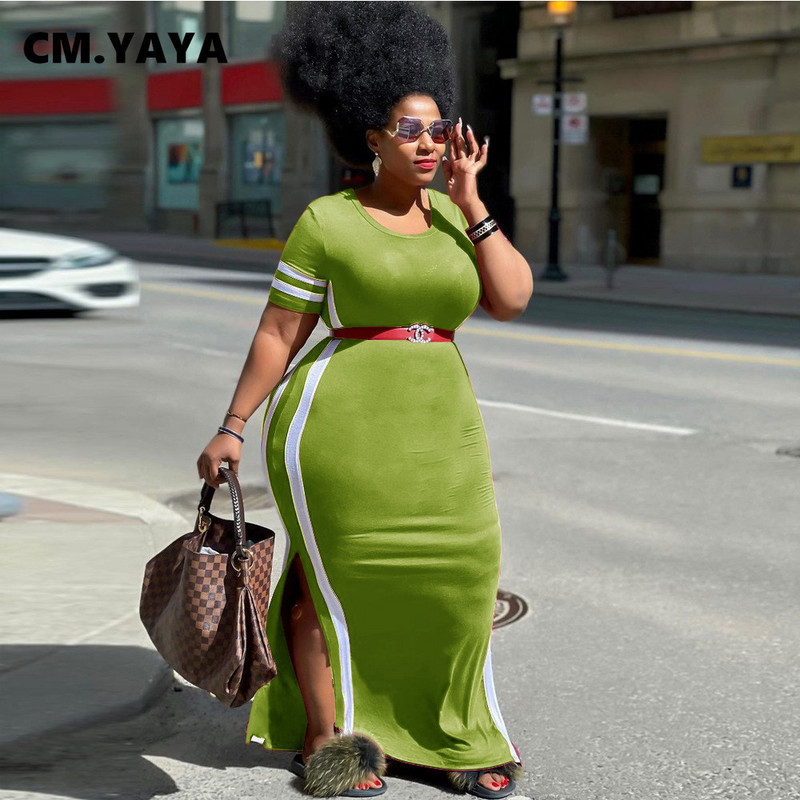 CM.YAYA eleganta lielizmēra izliekta sieviešu kleita ar svītrām sāniem, dalītu sānu īsām piedurknēm, maksi garu t-veida stila kleitu