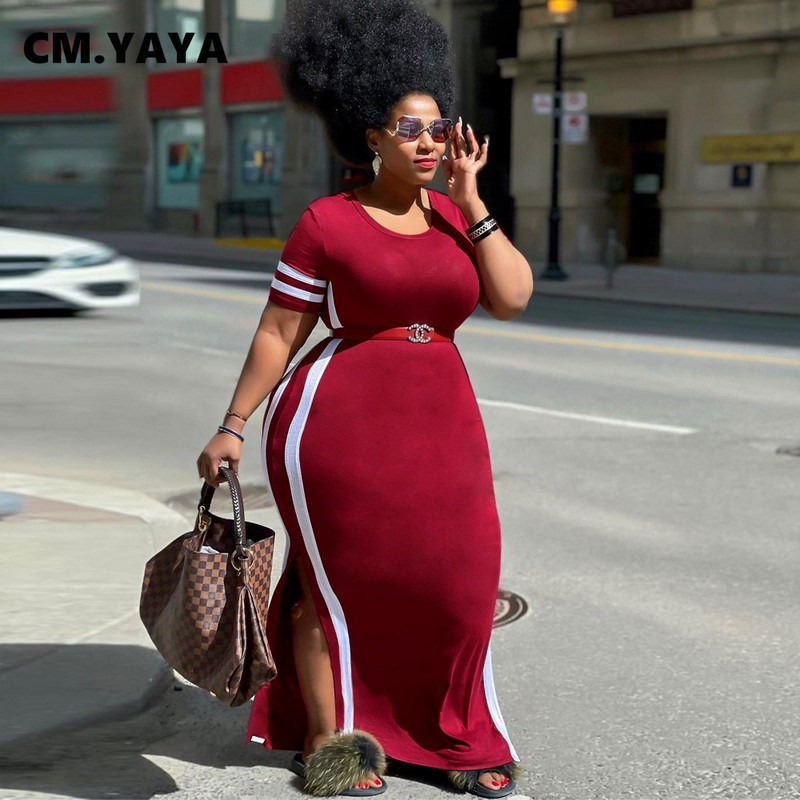 CM.YAYA eleganta lielizmēra izliekta sieviešu kleita ar svītrām sāniem, dalītu sānu īsām piedurknēm, maksi garu t-veida stila kleitu