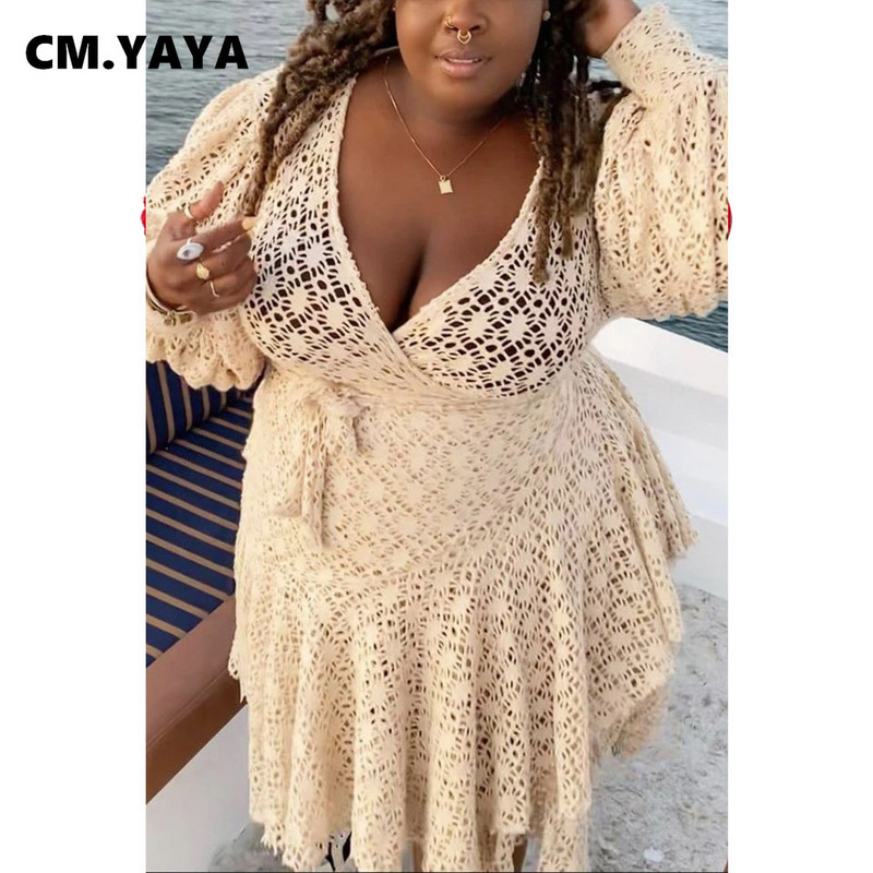 CM.YAYA sieviešu lielizmēra kleita ar iedobi, īsām piedurknēm V-veida kakla pārsējs A-līnijas kleitas Sexy Vestidos modes apģērbs vasarā