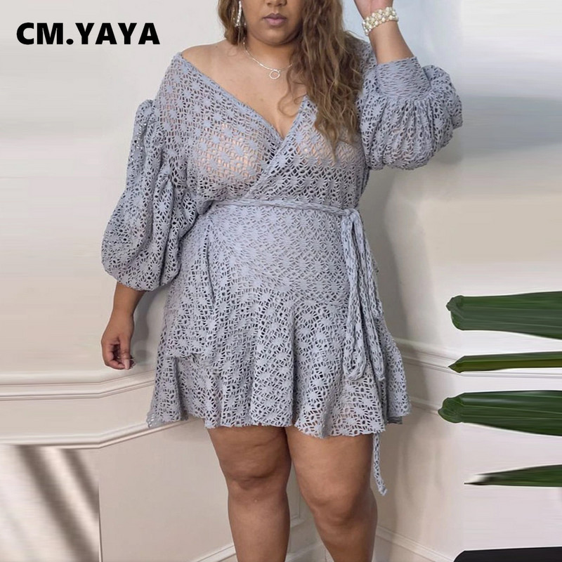 CM.YAYA sieviešu lielizmēra kleita ar iedobi, īsām piedurknēm V-veida kakla pārsējs A-līnijas kleitas Sexy Vestidos modes apģērbs vasarā