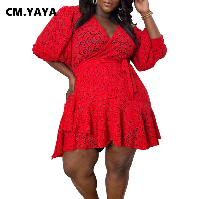 CM.YAYA sieviešu lielizmēra kleita ar iedobi, īsām piedurknēm V-veida kakla pārsējs A-līnijas kleitas Sexy Vestidos modes apģērbs vasarā