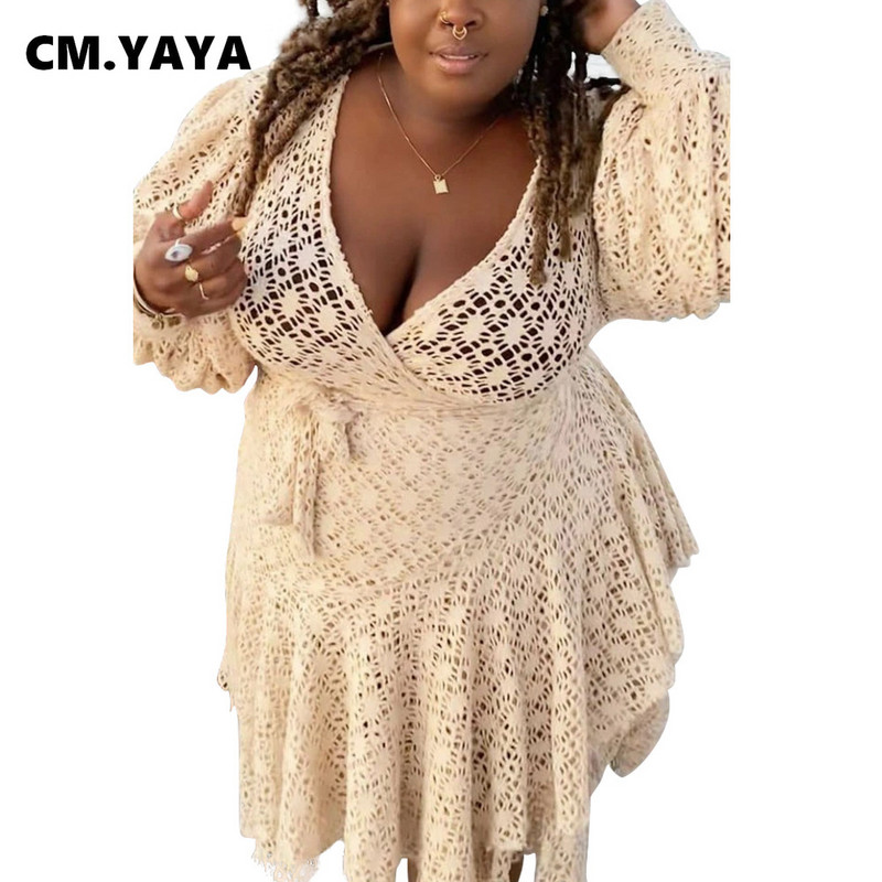 CM.YAYA sieviešu lielizmēra kleita ar iedobi, īsām piedurknēm V-veida kakla pārsējs A-līnijas kleitas Sexy Vestidos modes apģērbs vasarā
