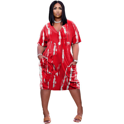 CM.YAYA sieviešu lielizmēra kleitu apdruka ar īsām piedurknēm V veida kakla izgriezumu, brīvas taisnas Midi kleitas ar kabatām Ikdienas modes Vestidos Vasara