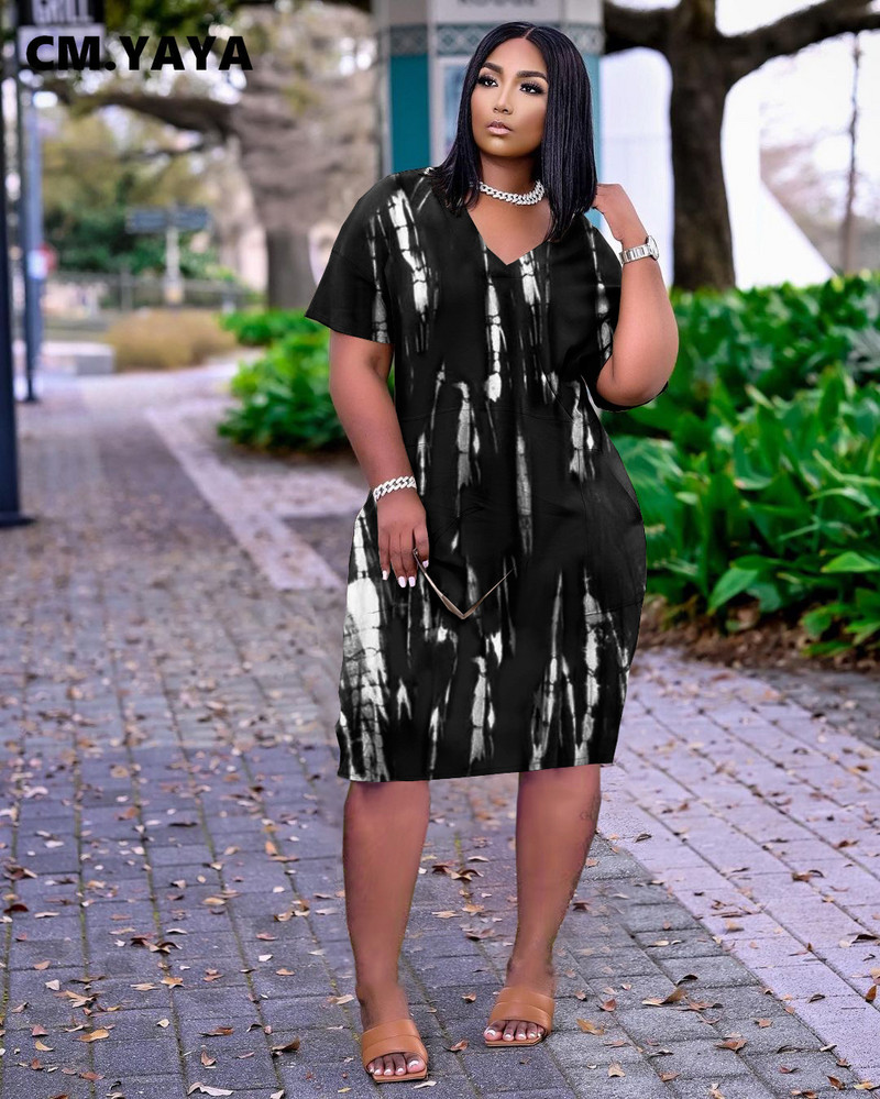 CM.YAYA sieviešu lielizmēra kleitu apdruka ar īsām piedurknēm V veida kakla izgriezumu, brīvas taisnas Midi kleitas ar kabatām Ikdienas modes Vestidos Vasara