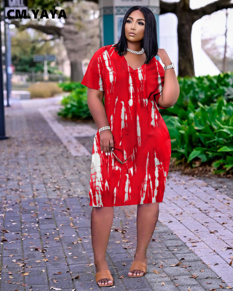 CM.YAYA sieviešu lielizmēra kleitu apdruka ar īsām piedurknēm V veida kakla izgriezumu, brīvas taisnas Midi kleitas ar kabatām Ikdienas modes Vestidos Vasara