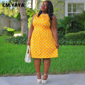 CM.YAYA Plus Size Dot Print High Waist Fit and Flare φόρεμα για Γυναικεία 2022 Καλοκαιρινά αμάνικα κομψά φορέματα