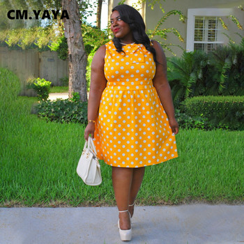 CM.YAYA Plus Size Dot Print High Waist Fit and Flare φόρεμα για Γυναικεία 2022 Καλοκαιρινά αμάνικα κομψά φορέματα