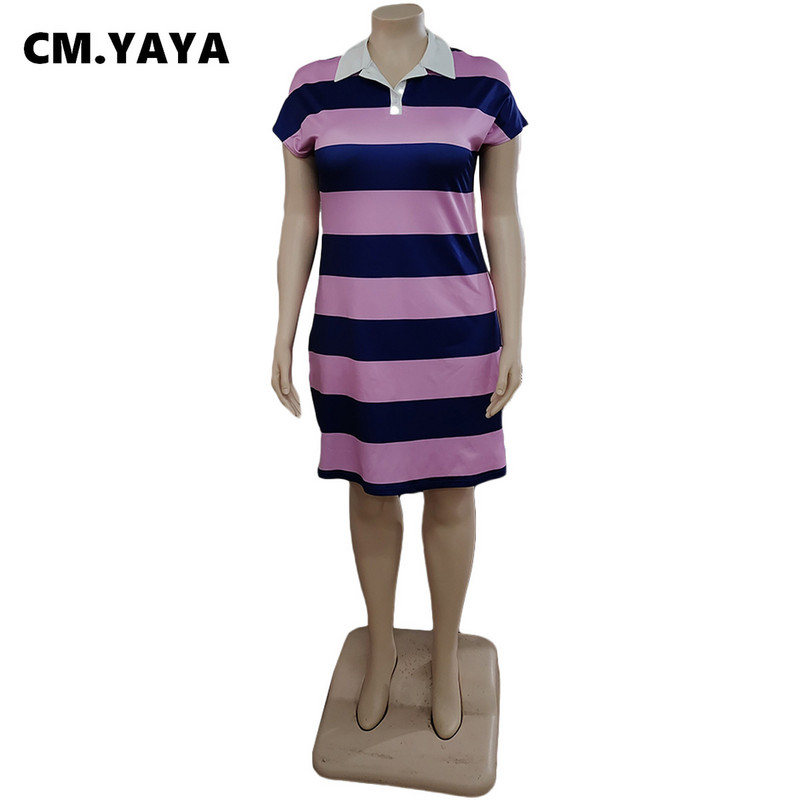 CM.YAYA molett női csíkos, lehajtható nyakú, rövid ujjú póló stílusú karcsú ruha 2022-es nyári elegáns divatos utcai ruhák