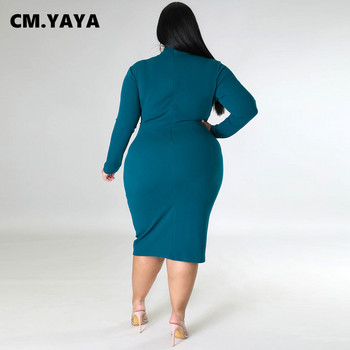 CM.YAYA Plus Size Γυναικεία μακρυμάνικη λαιμόκοψη Bodycon Φόρεμα Midi Bandage 2022 Φθινόπωρο Φορέματα με καμπύλες μέχρι το γόνατο Vestidos