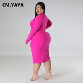 CM.YAYA Plus Size Γυναικεία μακρυμάνικη λαιμόκοψη Bodycon Φόρεμα Midi Bandage 2022 Φθινόπωρο Φορέματα με καμπύλες μέχρι το γόνατο Vestidos