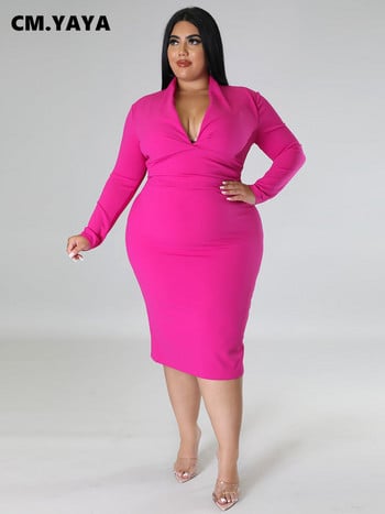 CM.YAYA Plus Size Γυναικεία μακρυμάνικη λαιμόκοψη Bodycon Φόρεμα Midi Bandage 2022 Φθινόπωρο Φορέματα με καμπύλες μέχρι το γόνατο Vestidos