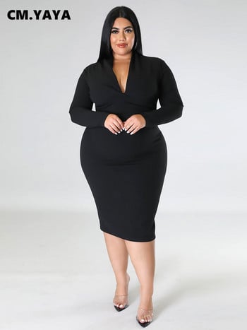 CM.YAYA Plus Size Γυναικεία μακρυμάνικη λαιμόκοψη Bodycon Φόρεμα Midi Bandage 2022 Φθινόπωρο Φορέματα με καμπύλες μέχρι το γόνατο Vestidos