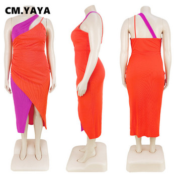 CM.YAYA Plus Size Γυναικεία Patchwork One Shoulder Split Wrap Heaveless Midi Bodycon Maxi Μακρύ Φόρεμα 2023 για πάρτι βραδινά φορέματα