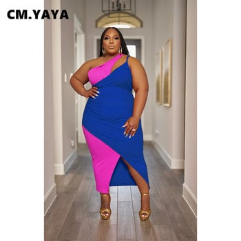 CM.YAYA Plus Size Γυναικεία Patchwork One Shoulder Split Wrap Heaveless Midi Bodycon Maxi Μακρύ Φόρεμα 2023 για πάρτι βραδινά φορέματα