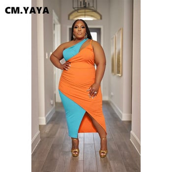 CM.YAYA Plus Size Γυναικεία Patchwork One Shoulder Split Wrap Heaveless Midi Bodycon Maxi Μακρύ Φόρεμα 2023 για πάρτι βραδινά φορέματα