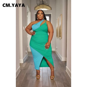 CM.YAYA Plus Size Γυναικεία Patchwork One Shoulder Split Wrap Heaveless Midi Bodycon Maxi Μακρύ Φόρεμα 2023 για πάρτι βραδινά φορέματα