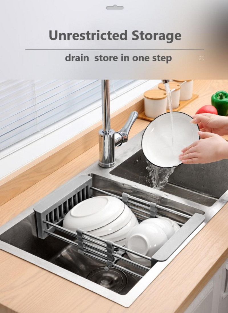 Daugiafunkcinis virtuvės kriauklės nutekėjimo stovas Ištraukiamas nerūdijančio plieno išleidimo krepšelis virš kriauklės Indų džiovinimo stovo priedai