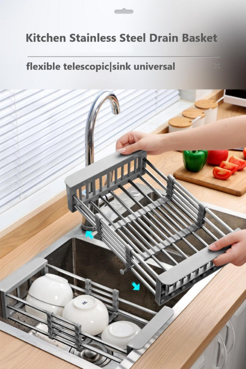 Daugiafunkcinis virtuvės kriauklės nutekėjimo stovas Ištraukiamas nerūdijančio plieno išleidimo krepšelis virš kriauklės Indų džiovinimo stovo priedai