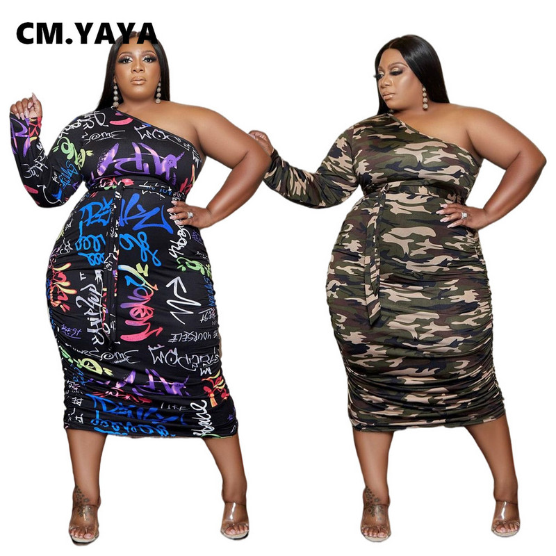 CM.YAYA rudens ziemas sieviešu kamuflāžas burtu apdruka uz viena pleca, sakrauta, liela izmēra bodycon midi kleita