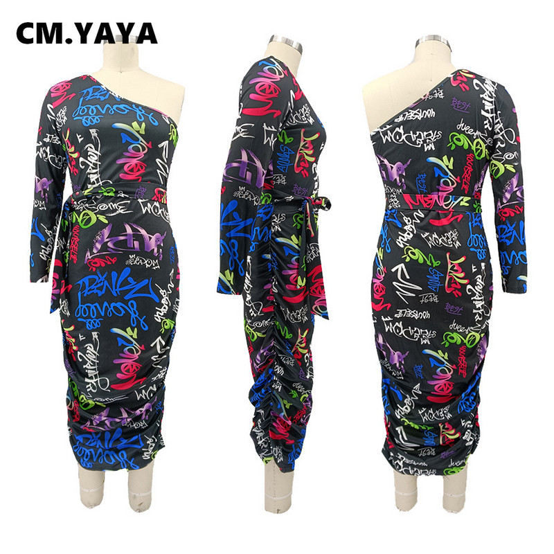 CM.YAYA rudens ziemas sieviešu kamuflāžas burtu apdruka uz viena pleca, sakrauta, liela izmēra bodycon midi kleita