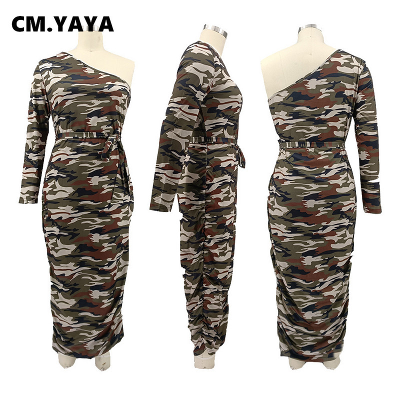 CM.YAYA rudens ziemas sieviešu kamuflāžas burtu apdruka uz viena pleca, sakrauta, liela izmēra bodycon midi kleita