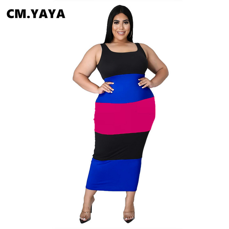 CM.YAYA sieviešu lielizmēra kleita ar raibām piedurknēm bez piedurknēm, elastīgs bodijs, garas maxi kleitas, modes ikdienas apģērbs 2021. gada vasara