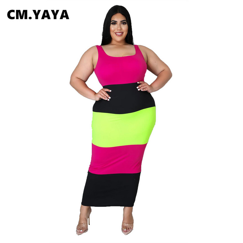 CM.YAYA sieviešu lielizmēra kleita ar raibām piedurknēm bez piedurknēm, elastīgs bodijs, garas maxi kleitas, modes ikdienas apģērbs 2021. gada vasara