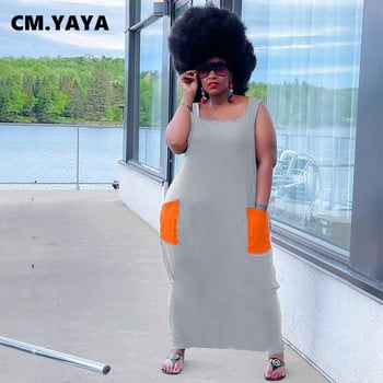 CM.YAYA Γυναικείο Φόρεμα Plus Size Μασίφ αμάνικο λαιμόκοψη Φαρδιά ίσια μακριά μάξι φορέματα με τσέπες Casual Vestidos Καλοκαίρι 2021