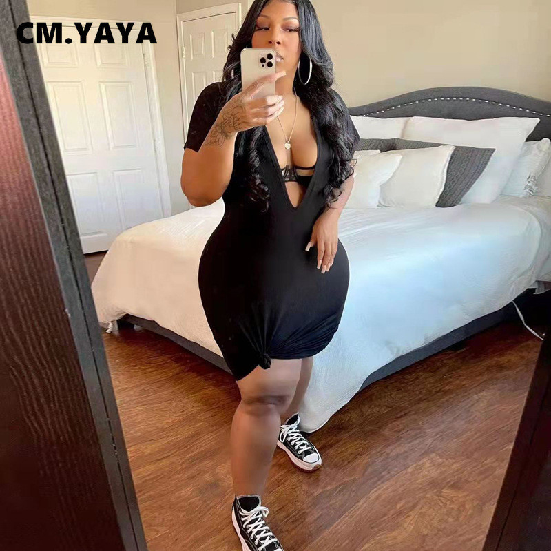 CM.YAYA liela izmēra sieviešu baltā, melna, īsām piedurknēm pamatkleita ar dziļu V veida kakla izgriezumu, 2022. gada vasaras seksīgas ballīšu kluba apģērba kleitas
