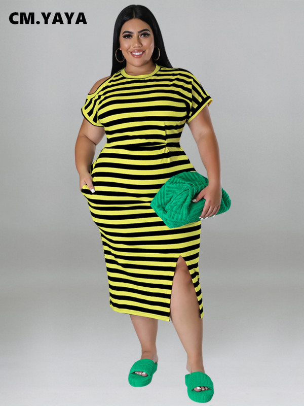 CM.YAYA Liela izmēra svītrainām sieviešu izgriezuma pleciem, īsām piedurknēm, drapētiem ar augstu vidukli, šķēlumu sānos Bodycon Midi kleita, ikdienas apģērbs