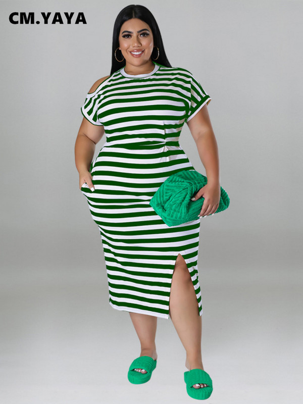 CM.YAYA Liela izmēra svītrainām sieviešu izgriezuma pleciem, īsām piedurknēm, drapētiem ar augstu vidukli, šķēlumu sānos Bodycon Midi kleita, ikdienas apģērbs