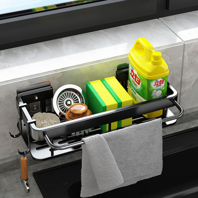 Държач за кухненска мивка Поставка за съхранение Удебелено пространство Алуминиум за държач за гъба за кърпи Поставка за отцеждане Кошница Органайзери Рафтове за баня
