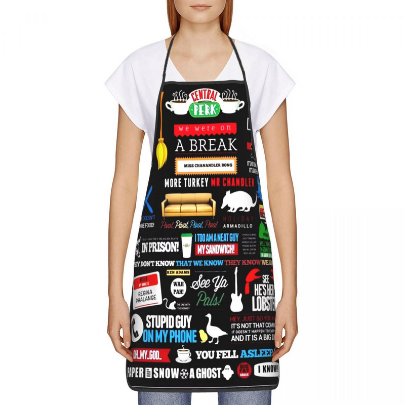 Unisex Draugi Logo Simbols Virtuve Šefpavārs Ēdienu gatavošana Priekšauts Sievietes Vīrieši Klasisks TV šovs Tablier virtuve dārzkopībai