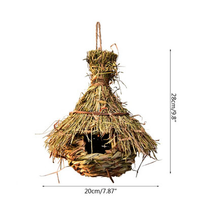 Bird Grass House Chickadee salmu būda ārā, piekarināma dabīgās šķiedras ligzda ar smailu augšdaļu, lai paslēptu kanārijputni