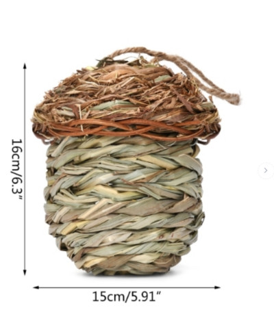 Bird Grass House Chickadee salmu būda ārā, piekarināma dabīgās šķiedras ligzda ar smailu augšdaļu, lai paslēptu kanārijputni