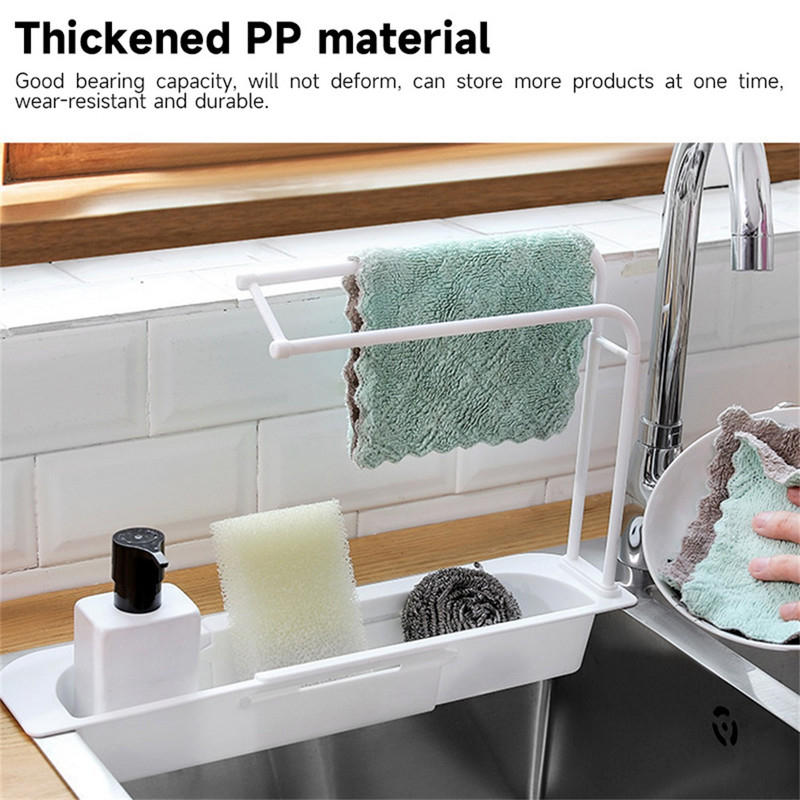 Jauns teleskopiskais izlietnes plaukts virtuves izlietnes organizators ziepju sūklis turētājs izlietnes notekas plaukts uzglabāšanas grozs virtuves sīkrīki aksesuāri