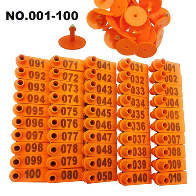 Mājlopi Aitu ausu uzgaļi 100 gab. Numurēti 001-100 Plastmasas ausu zīmogu marķiera aplikators aitu kazu govs dzīvnieku identifikācijai
