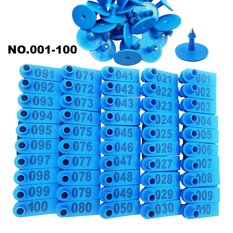 Mājlopi Aitu ausu uzgaļi 100 gab. Numurēti 001-100 Plastmasas ausu zīmogu marķiera aplikators aitu kazu govs dzīvnieku identifikācijai
