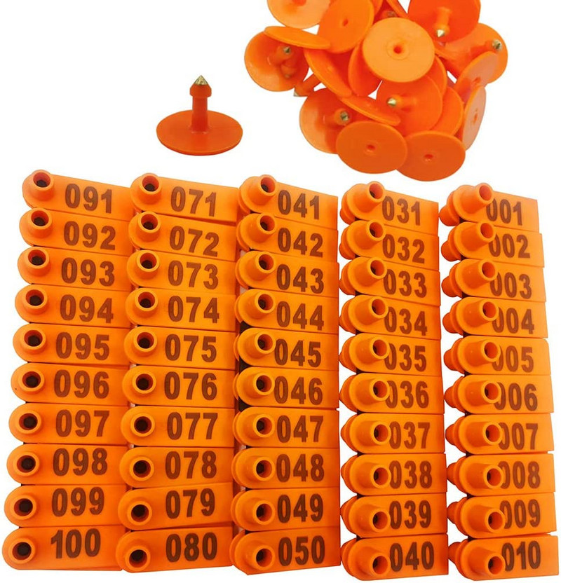 Mājlopi Aitu ausu uzgaļi 100 gab. Numurēti 001-100 Plastmasas ausu zīmogu marķiera aplikators aitu kazu govs dzīvnieku identifikācijai