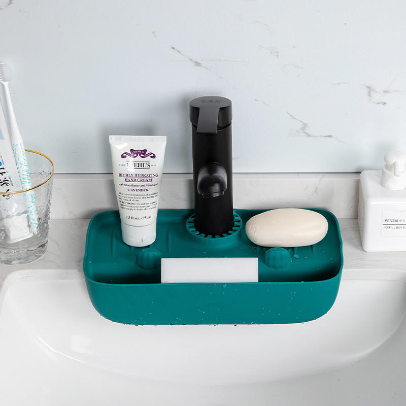 Silikona jaucējkrāna paklājiņš Uzglabāšanas virtuves izlietnes šļakatu notekas paliktnis jaucējkrāns Šļakatu savācējs Countertop aizsargs Vannas istabas ziepju drenāžas paliktnis