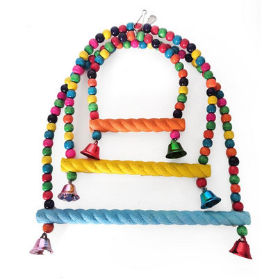 JAUNS Putnu krāsains šūpoles nūja ar krāsainām krellēm Zvanu papagaiļa dabīgā koka rotaļlietu putnu būra aksesuāri