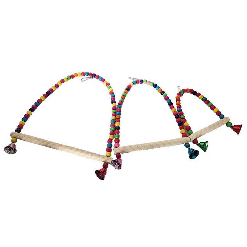 JAUNS Putnu krāsains šūpoles nūja ar krāsainām krellēm Zvanu papagaiļa dabīgā koka rotaļlietu putnu būra aksesuāri