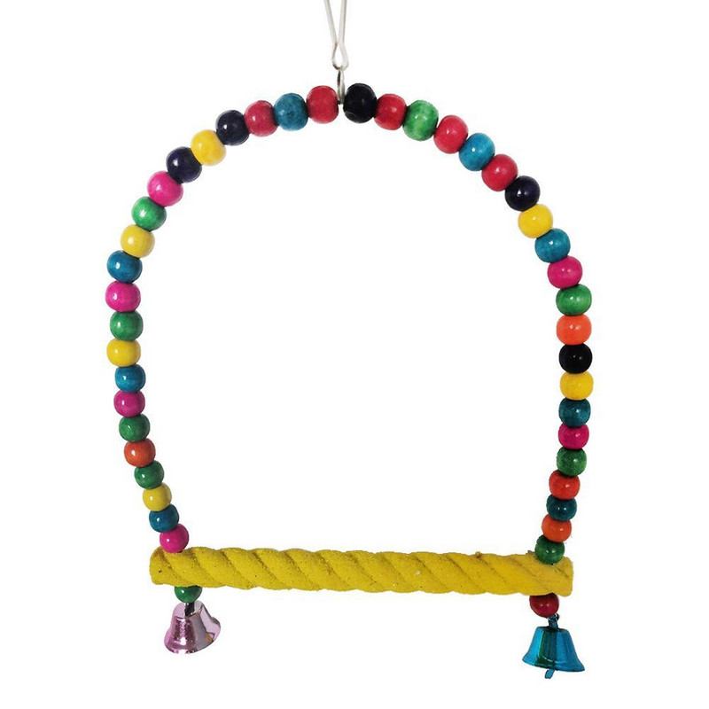 JAUNS Putnu krāsains šūpoles nūja ar krāsainām krellēm Zvanu papagaiļa dabīgā koka rotaļlietu putnu būra aksesuāri