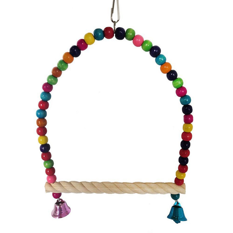 JAUNS Putnu krāsains šūpoles nūja ar krāsainām krellēm Zvanu papagaiļa dabīgā koka rotaļlietu putnu būra aksesuāri