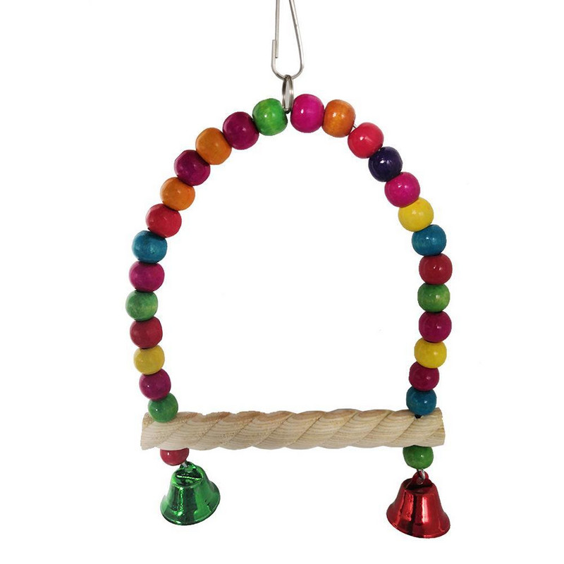 JAUNS Putnu krāsains šūpoles nūja ar krāsainām krellēm Zvanu papagaiļa dabīgā koka rotaļlietu putnu būra aksesuāri